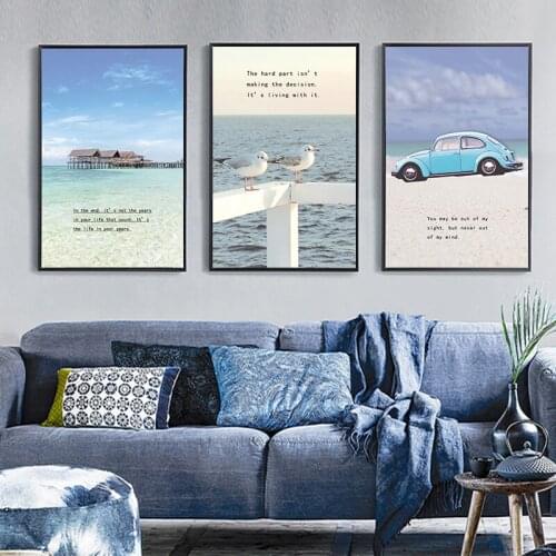Modern Blue Car Seascape Chalet Birds Print Posters Art Canvas Painting For Home Decor Chic Wall Picture Living Room Cafe Shop