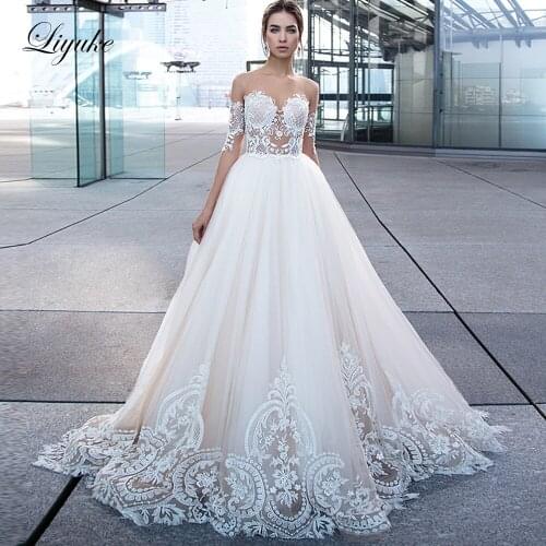 Liyuke Skin Color Thin Tulle With The Half Sleeve Of 2021 A Line Wedding Dress Court Train Wedding Gown