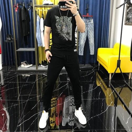 Oversized M-5XL Hot Rhinestone Leopard O Neck Loose Mens Tracksuit Luxury Sweatshirt Classic Sets