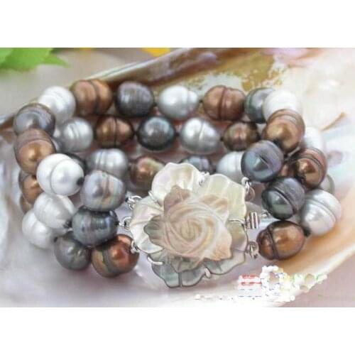 Unique Pearls jewellery Store 3row 14mm Multicolor Rice Freshwater Cultured Pearl Bracelet Shell Flower Clasp Charming Women Gif