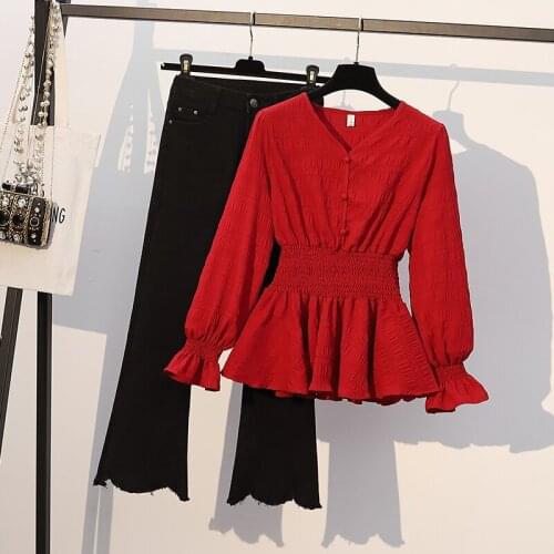 Large womens 2021 spring fat sister mm waist show thin shirt jeans cover belly age reduction two piece suit