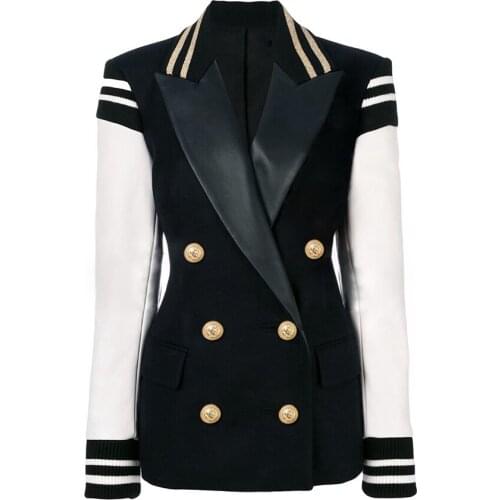 Newest HIGH QUALITY Fashion 2021 Designer Blazer Womens Leather Patchwork Double Breasted Blazer Classic Varsity Jacket