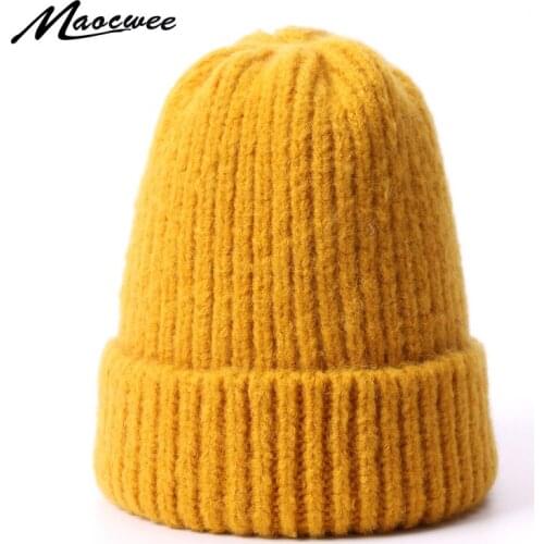Winter Warm Girls Caps Women Hat Wool Beanie Knitted Crochet Rabbit hair Female Soft Solid Skullies Striped Cap Outdoor Fashion