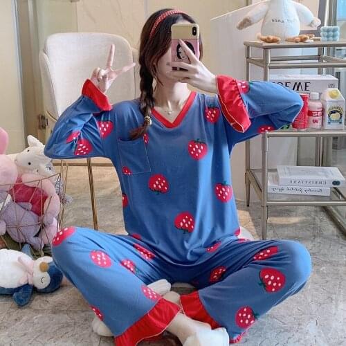 2021 Spring Autumn Long Sleeve Print Pajama Set For Women Korean V-neck Sleepwear Suit Pyjama Homewear Pijama Mujer Home Clothes