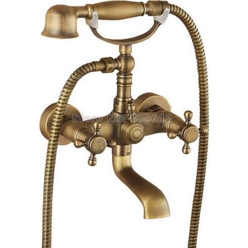 Antique Brass Wall Mounted Dual Handles Mixer tap Bathroom Clawfoot Bathtub Shower Faucet Set with Handheld Shower Wrs019