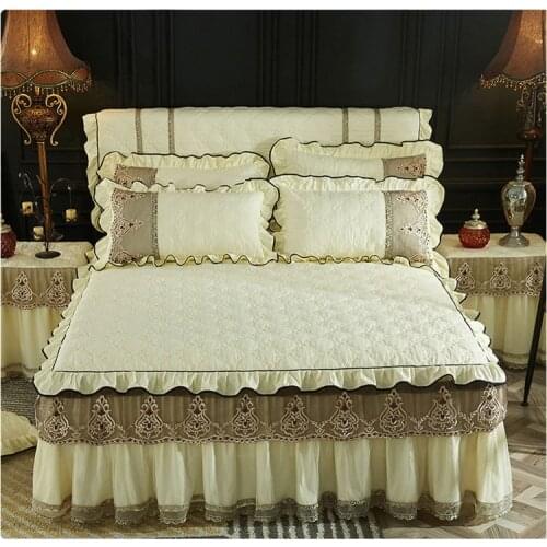 Beige Pink Korea Princess Lace Bed Skirt Pillowcases 1/3pcs Warm Thick Bedspread Bed Sheet Solid Girls Bedding Mattress Cover