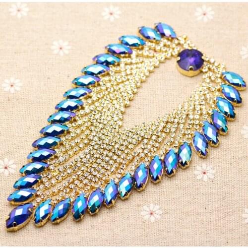 14.3*8cm Shine blue AB Heart Tassel rhinestone applique Gold Base wedding Dress Belt Applique Sew on Party Dress Shoulder Chain