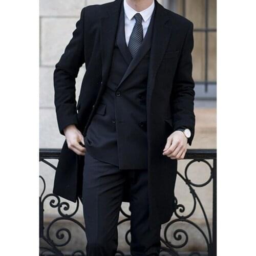 Tailor Made Fashion Gentleman Black Suits Men Slim Fit Groom Long Tuxedo For Wedding Dress Party Sets (Jacket+Pants+Vest)