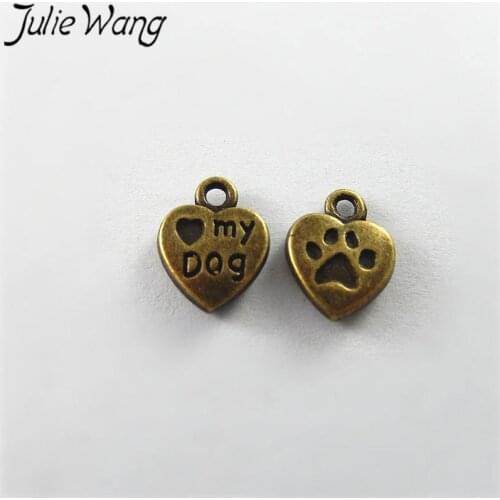 Julie Wang 40pcs Antique Bronze LOVE MY DOG Alloy Heart Charms For Necklace Pendants Earrings Findings Jewelry Making Accessory