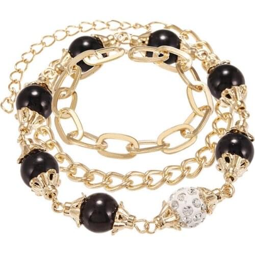 Hot Sale Retro Multi-Layer Alloy Chain Geometric Inlaid Crystal Black White Beaded Bracelet For Women Fashion Jewelry Wholesale