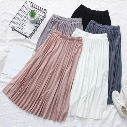 Fashion Women Elastic Waist High Waist Long Elegant Pleated Skirt Summer Girls Pink Cute Korean Skirt School Lolita Street Style