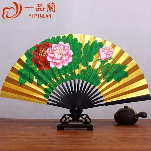 Hand painted golden face fan mens antique folding fan Beijing Opera Princess drunken performance props dance fan gold