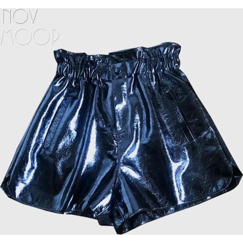 Novmoop outwear fashion crack style glossy patent high waist sheepskin genuine leather wide-leg shorts spodenki ropa LT3035
