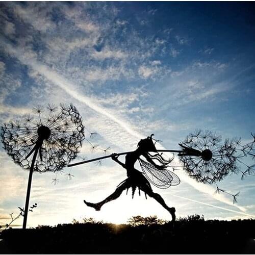 Fairy Dancing With Dandelion Garden Decorative Fairy Stake Metal Art Elf Silhouette Ornament Landscape Sculpture Lawn Yard Decor
