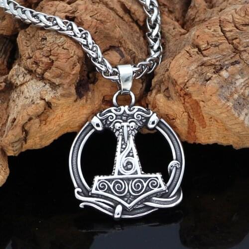 Viking Men Mjolnir Thor Hammer raven rune Stainless steel necklace With Valknut Gift Bag Nordic jewelry