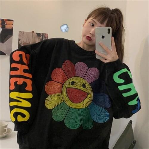 Y2K 2021 Spring Womens Harajuku Pullover O Neck Sweatshirt Loose Long Sleeve Streetwear Hip Hop Print Floral Kawaii Tops Women