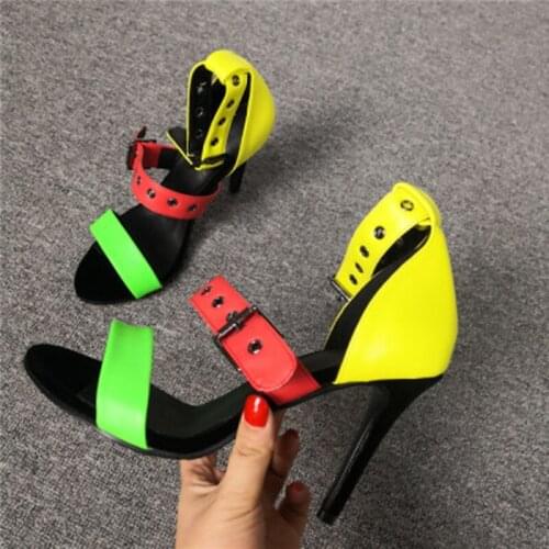 Mixed Color High Heels Summer Sandals Peep Toe Female Gladiator Ankle Strap Pumps Shoes Woman Studded Sandalias Mujer 2020