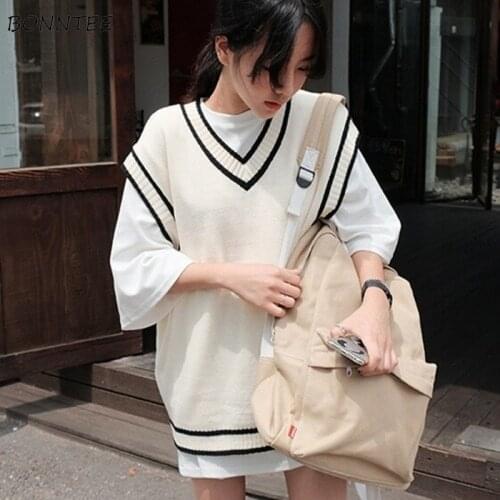 Knitted Sweater Vest Women Classic Students Preppy Style Korean Leisure Loose V-Neck Sleeveless Ulzzang Chic Harajuku Basic Tops
