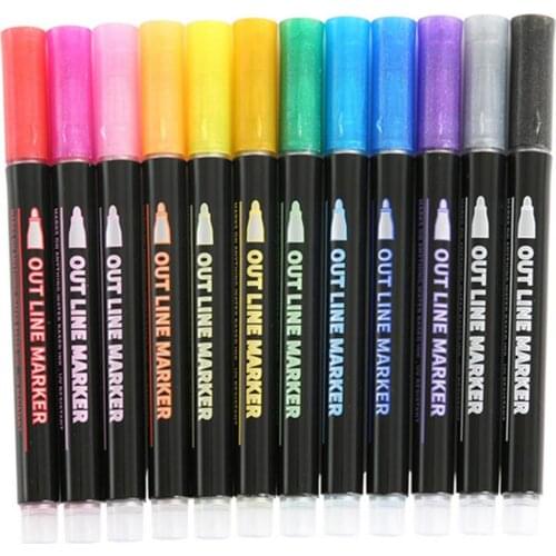 12 Colors Metallic Marker Pens Double Line Outline Glitter Marker Paint Pens For Rock Painting