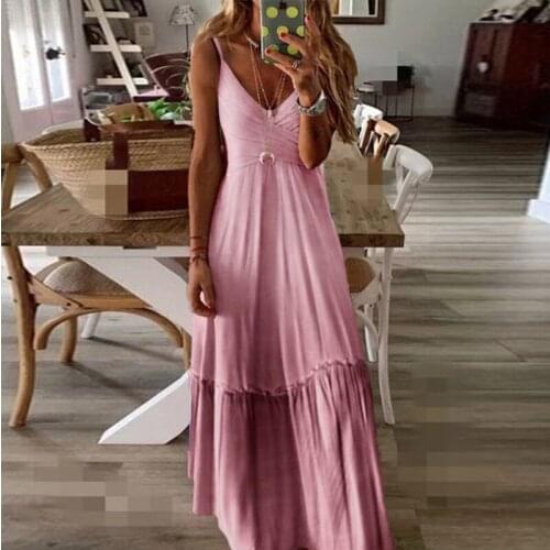 2021 New Summer Womens Dress Loose V-neck Sleeveless Spaghetti Dresses Fashion Casual Sundress Robe Long Party Dress Vestidos