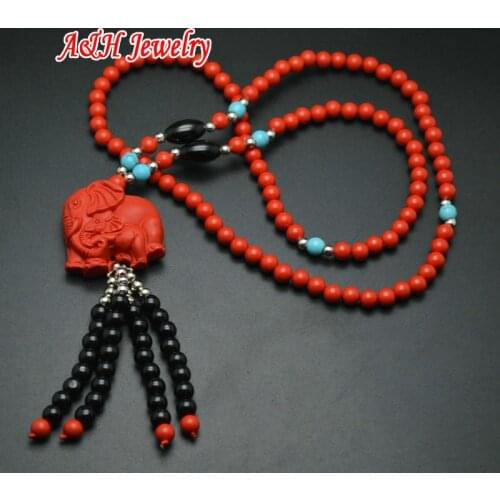 5pcs Lovely Elephant With Black Beads Tassel Pendants Red Cinnabar 6mm Round Beads 24'' Sweater Chain Necklace Christmas Gift