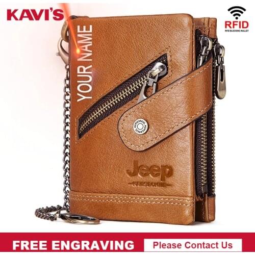 Free Engraving Rfid Genuine Cow Leather Wallet Men Coin Purse Male PORTFOLIO Portomonee Small Walet Pocket Chain Perses Quality