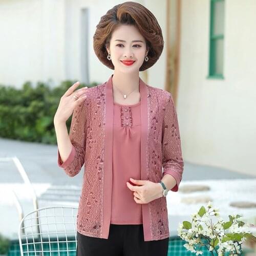 Fake Two Pieces T-shirt Women Floral Half Sleeve Tops Summer Pullover Fashion Plus Size 5XL Middle Aged Mother Tee Shirts Femme