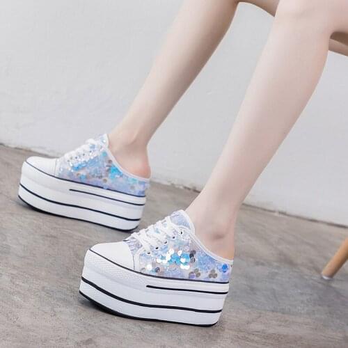 Lace Bling Bling Sneakers Women Shoes Wedge Platform Genuine Leather Sneaker High Heels Fashion Black White Sneakers for Ladies