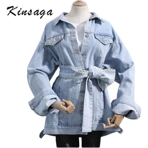 Kinsaga Spring Self Bow Tie Oversize Yellow Mid Long Denim Jacket Women Highstreet Vintage Long Sleeve Coat Autumn Loose Jackets