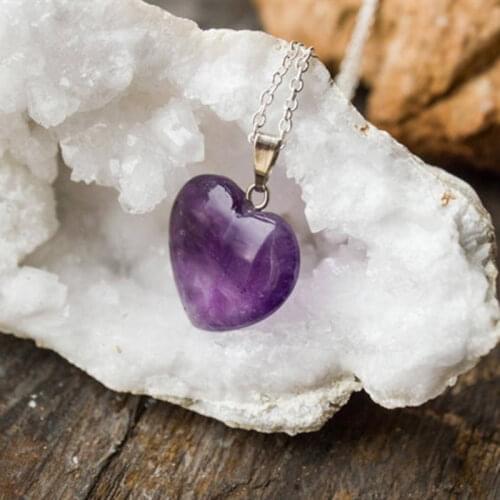 Fashion Purple Pink Quartz Crystal Heart Pendant Necklace Witch Amulet Jewelry Lady Girl Party Birthday Gift