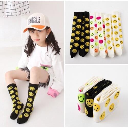 Soft Cotton Knee High Socks For Kids Cute Smile Face Happy Children Socks Infant Girls Stockings Leopard Long Socks 2-12 Yrs