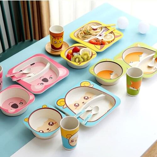 5Pcs/ Set Bamboo Baby Tableware Childrens Dinnerware Set Training Plate Kids Feeding Dishes Kitchen Accessories Bowl+Spoon+Fork