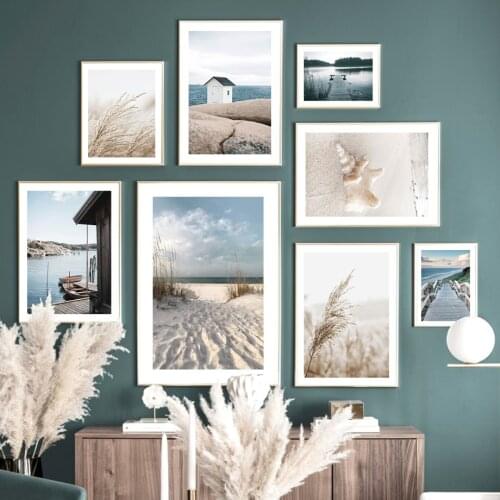 Seaside Sand Beige Reed Grass Boat Conch Cliff Nordic Poster Wall Art Print Canvas Painting Decoration Pictures For Living Room