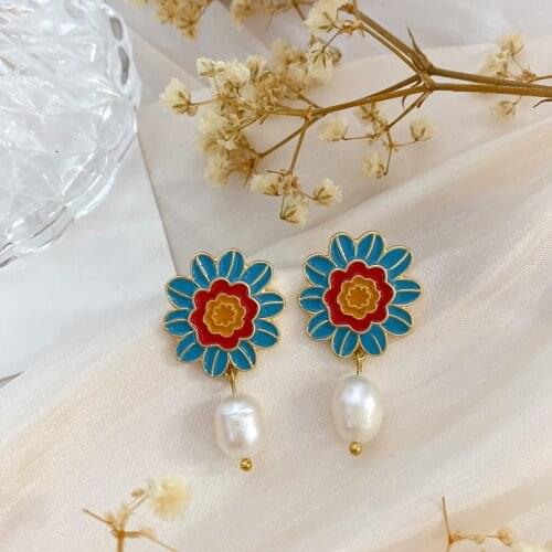 New Retro French Style Exquisite Blue Small Flower Fresh Water Pearl Drop Glaze Franc Earrings Female