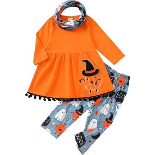 2021 newest arrival Girls Halloween Three-piece Clothes Set Orange Pullover Pumpkin Printed Pattern Pants and Neckerchief