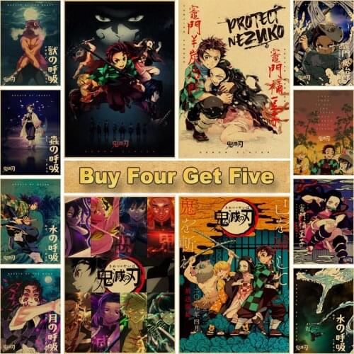 Demon Slayer Poster Retro Japanese Anime Posters Kraft Paper Vintage Posters Home Decor Room Bar Art Painting Wall Stickers