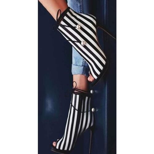Spring Hot Black And White Stripe Leather Women Peep Toe Ankle Boots Pearl Ankle Lace Ladies Sexy High Heel Boots Stiletto Boots