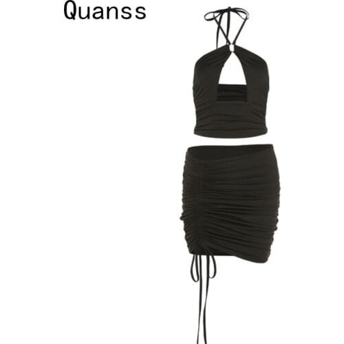 Quanss Halter Draw String Dress Set Summer Backless Hollow Out Sexy Two Piece Skirt And Top Set Women Fashion Club Bodycon Suits