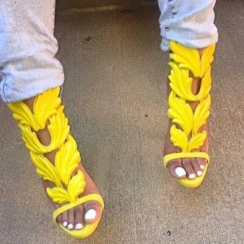 Hot Selling Metallic Wings Sandals Gladiator Metallic Leaf Leather Shoes Stiletto Heels Pumps Buckles Wrap High Heel Women Shoes