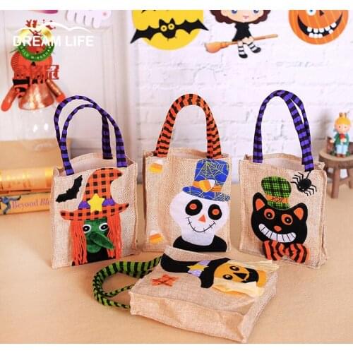 Halloween Decoration Candy Bag For Halloween Party Costume Children Cartoon Pumpkin Witch Skull Cat Sackcloth Tote Bag