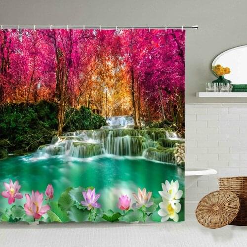 Forest Waterfall Lotus Scenery Shower Curtain Autumn Trees Stone Natural Landscape Bathroom Decor With Hook Waterproof Screen