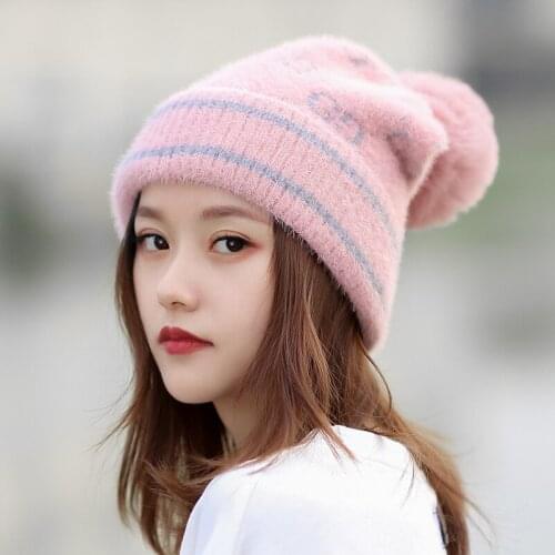 Knitted hat womens wool hat Korean imitation mink fur ball cap keeps warm knit hat women winter hat womens beanie hats