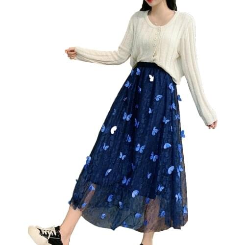 Womens Long Tulle Skirt, Casual High Elastic Waist 3D Butterfly Mesh Midi Swing Skirt