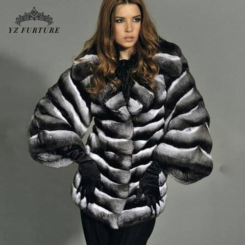 Women Winter Real Fur Coats Natural Chinchilla Rex Rabbit Fur Coat With Turn-down Collar Genuine Rabbit Fur Jacket Luxury RB-090