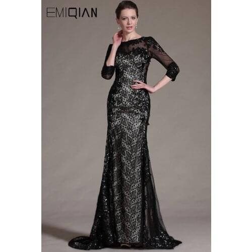 Freeshipping 3/4 Sleeves Black Lace Evening Dresses Womens Formal Evening Gowns