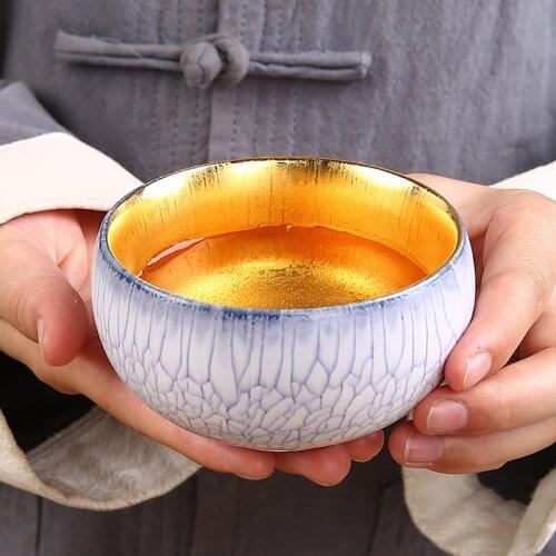 Gold Cup Ceramic Pottery Tea Cups Vintage Tea Bowl Handmade Teacup Chinese Kung Fu Tea Set Drinkware 120ml 160ml Collection Gift