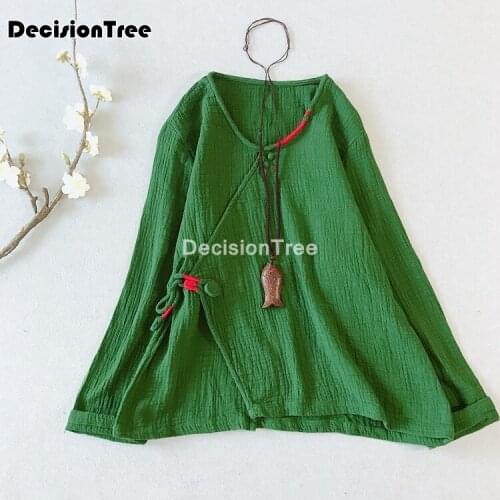 2021 chinese style women female shirt full sleeve o neck chiffon blouses daily casual tops blouse cotton linen hanfu tops