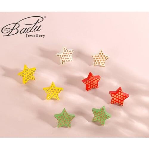 Badu 2021 New Vintage Natural Wood Stud Earrings For Women Colorful Star Polka Dot Earring Cute Girl Fashion Jewelry