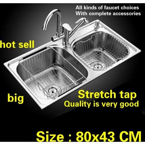 Free shipping 304 stainless steel double groove big standard kitchen sink stretch tap wash dishes 80x43 CM