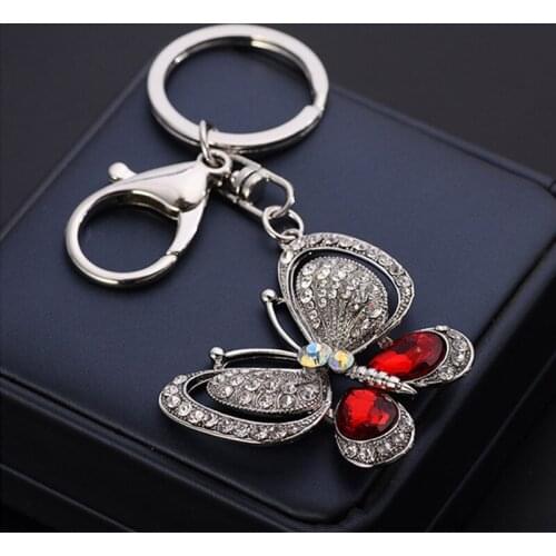 Bag Pendant Red Blue Crystal Butterfly Keychain Metal Key Chain For Women Car Keyring Jewelry Gifts Fashion Backpack Accessories